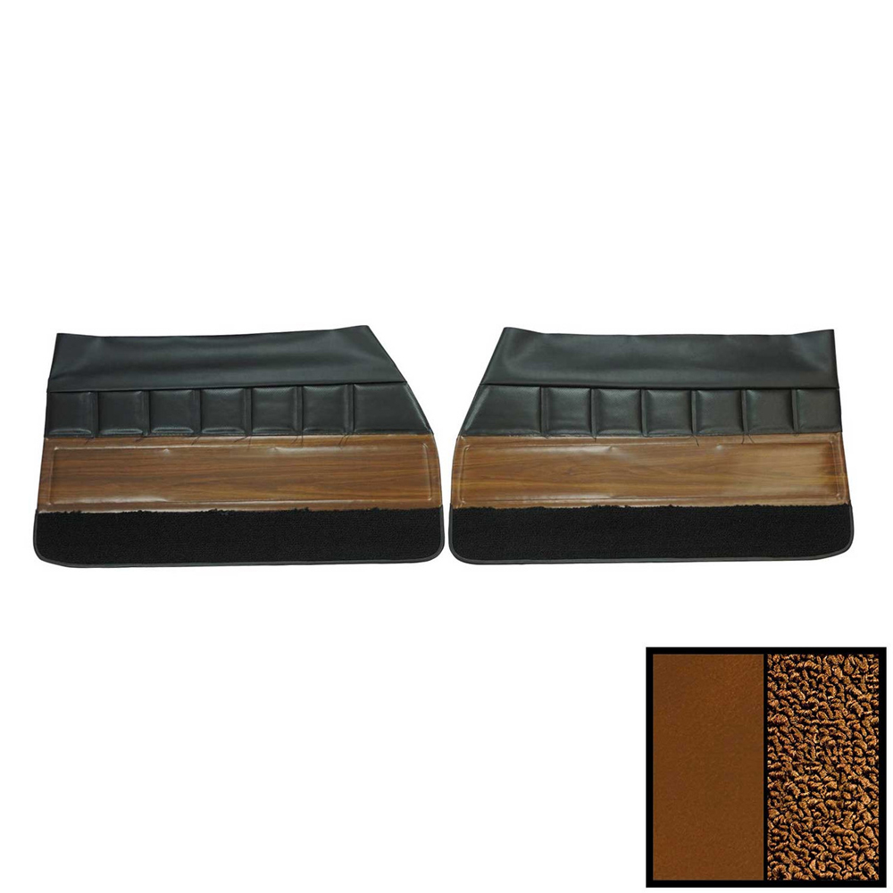 1972 Buick Skylark/GS/Regal/GN FRONT DOOR PANELS CUSTOM WITH VERTICAL PLEATS & WOODGRAIN - AVAILABLE ON BUCKET SEAT & BENCH WITH CENTER ARMREST MODELS (PUI UNASSEMBLED) TAN *HAS BLACK CARPET* - PR | IN5494S