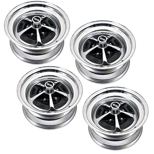 1970 Chevrolet Chevelle/Malibu 15-8 CHROME PLATED SS 396 STYLE WHEEL SET WITH BLACK PAINTED INSERTS INCLUDES WHEELS CAPS RETAINERS LUGS | WT8482Z