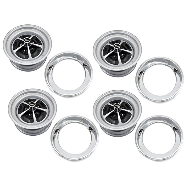 1969 Chevrolet El Camino 15-7 SILVER & BLACK PAINTED SS WHEEL SET INCLUDES WHEELS CAPS RETAINERS LUGS AND TRIM RINGS | WT8478Z