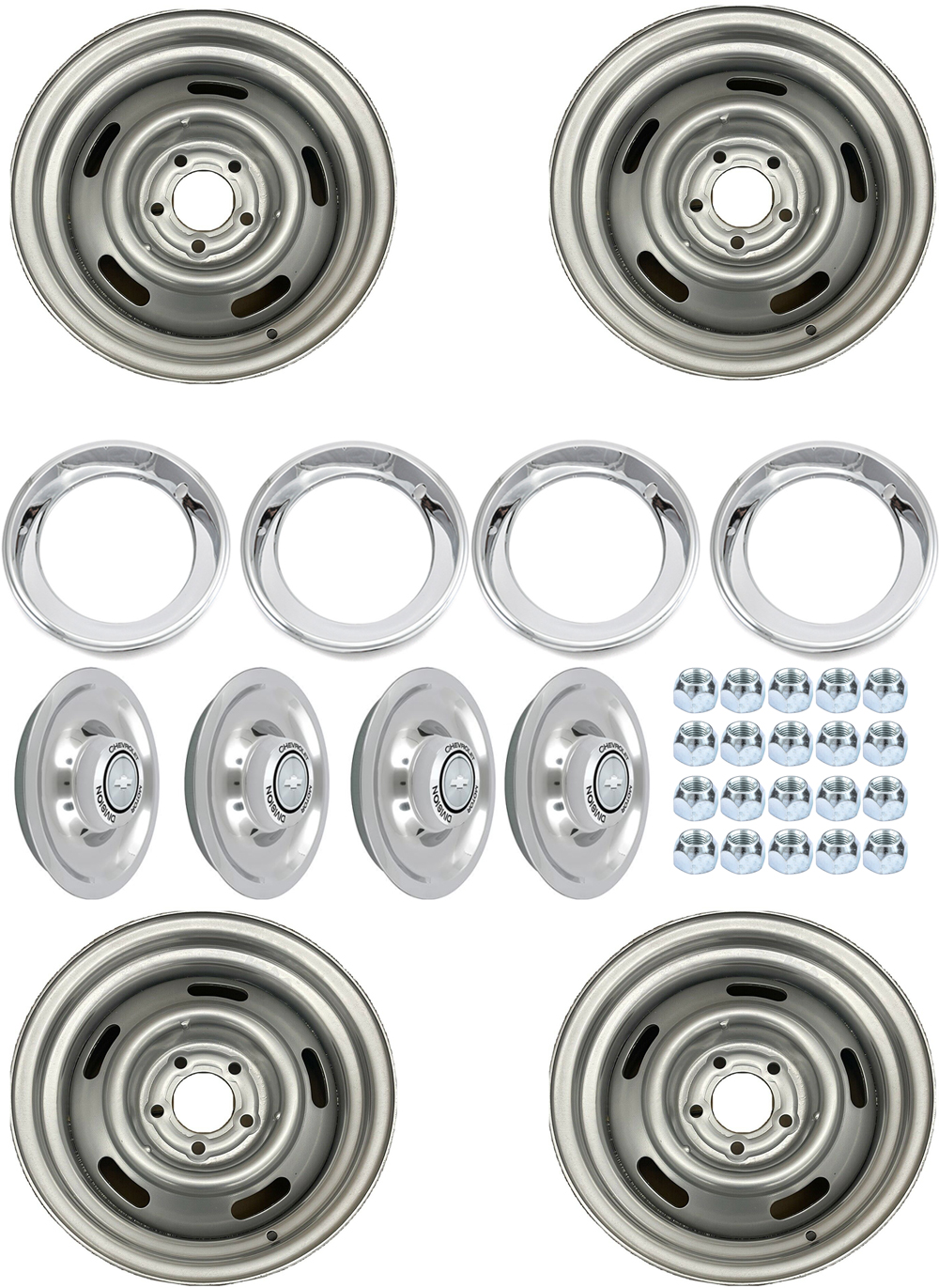 1966 Chevrolet El Camino 15-7 SILVER PAINTED RALLY WHEEL SET (INCLUDES: 4 WHEELS, 4 