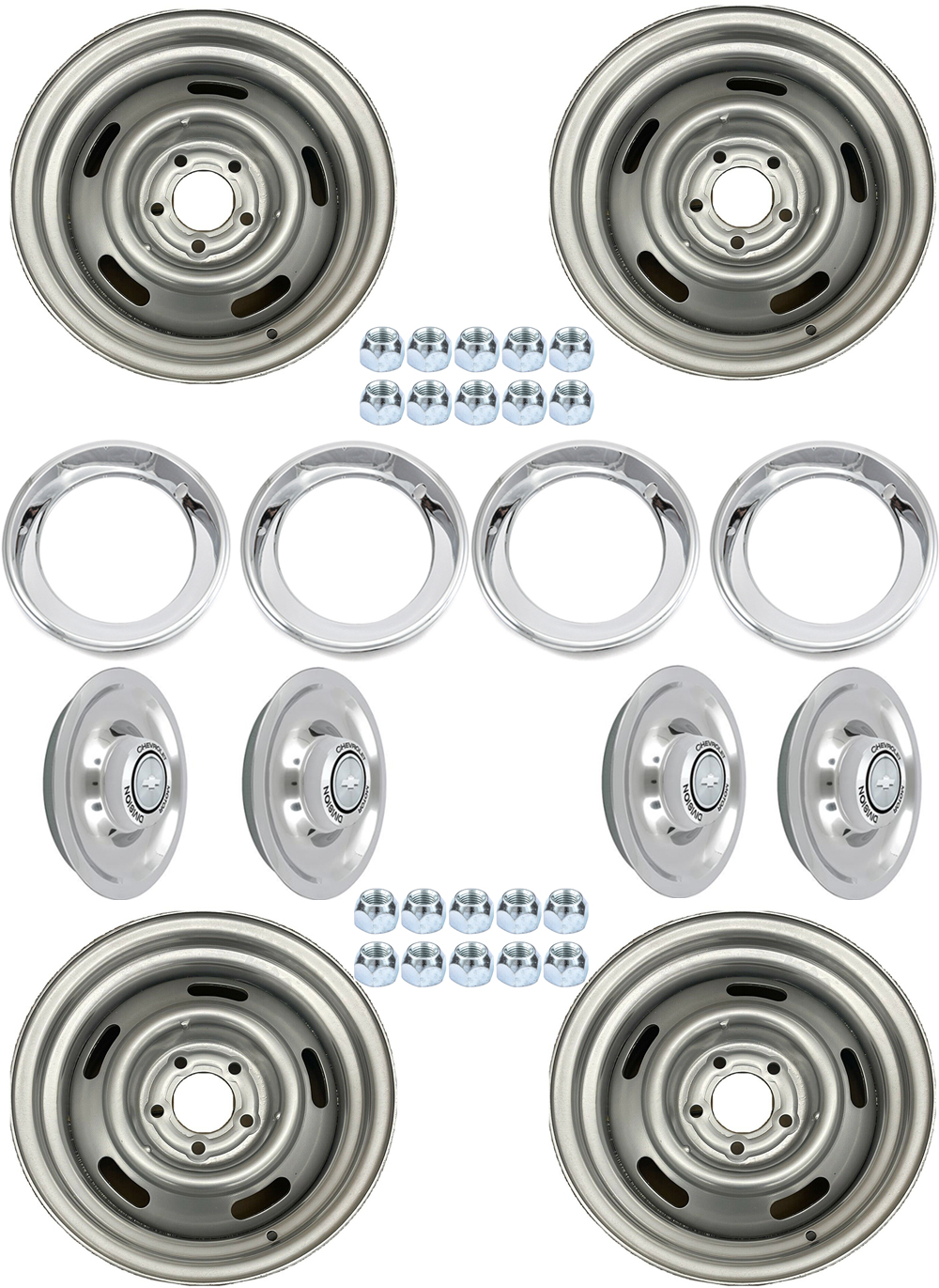 1966 Chevrolet El Camino 15-8 SILVER PAINTED RALLY WHEEL SET (INCLUDES: 4 WHEELS, 4 