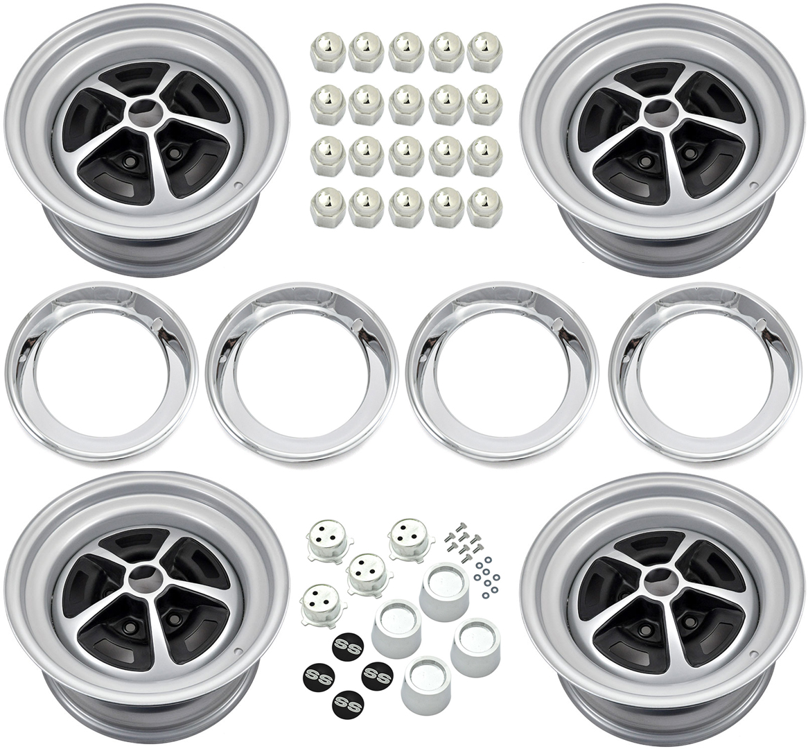 1970 Chevrolet El Camino 15-8 SILVER & BLACK PAINTED SS WHEEL SET INCLUDES WHEELS CAPS RETAINERS LUGS AND TRIM RINGS | WT8479Z