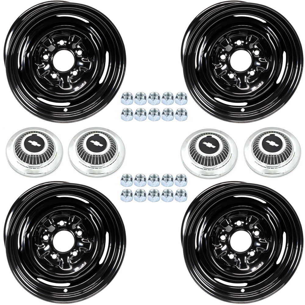 1966 Chevrolet El Camino 14-6 POVERTY WHEEL SET (INCLUDES 4 BLACK WHEELS (PAINT TO MATCH), 4 STOCK STEEL WHEEL DOGDISH/POVERTY HUBCAPS & 20 STANDARD LUG NUTS) | WT8498C