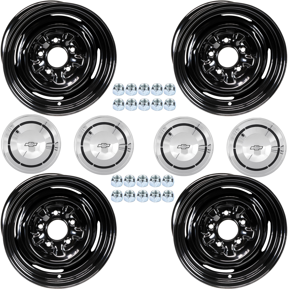 1970 Chevrolet El Camino 14-6 POVERTY WHEEL SET (INCLUDES 4 BLACK WHEELS (PAINT TO MATCH), 4 STOCK STEEL WHEEL DOGDISH/POVERTY HUBCAPS & 20 STANDARD LUG NUTS) | WT8456C