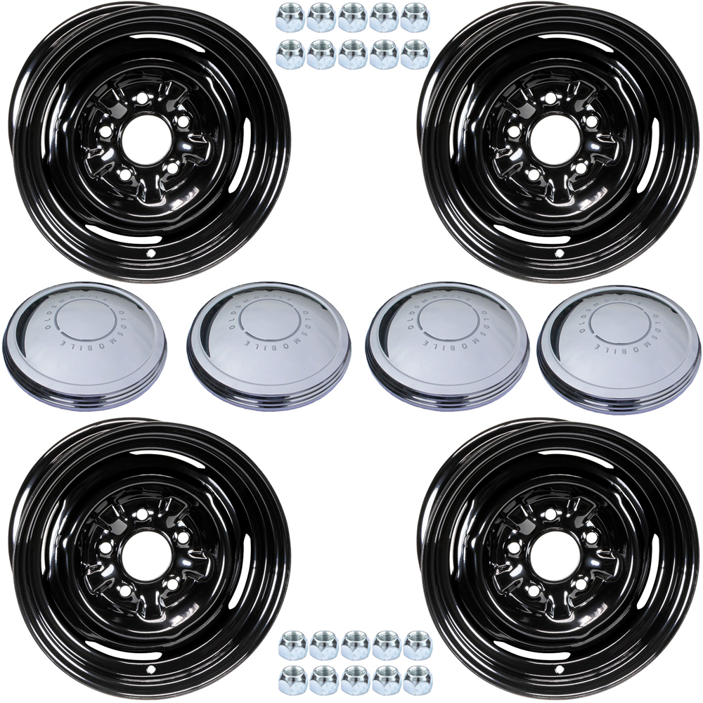 1967 Oldsmobile Cutlass/442/F85 15-7 POVERTY WHEEL SET (INCLUDES 4 BLACK WHEELS (PAINT TO MATCH), 4 “OLDSMOBILE” STOCK STEEL WHEEL DOGDISH/POVERTY (STANDARD) HUBCAPS & 20 STANDARD LUG NUTS) | WT8462T