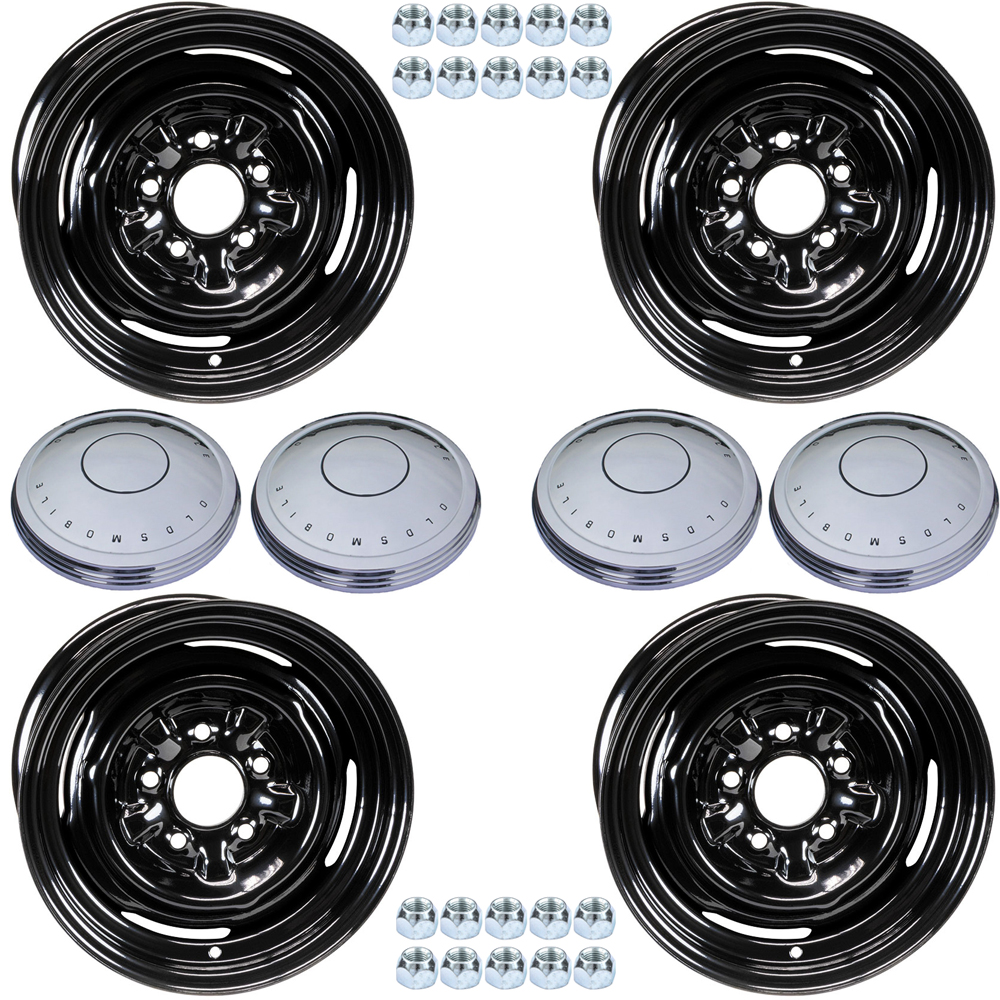 1975 Oldsmobile Cutlass/442/F85 15-7 POVERTY WHEEL SET (INCLUDES 4 BLACK WHEELS (PAINT TO MATCH), 4 “OLDSMOBILE” STOCK STEEL WHEEL DOGDISH/POVERTY (STANDARD) HUBCAPS & 20 STANDARD LUG NUTS) | WT8465T
