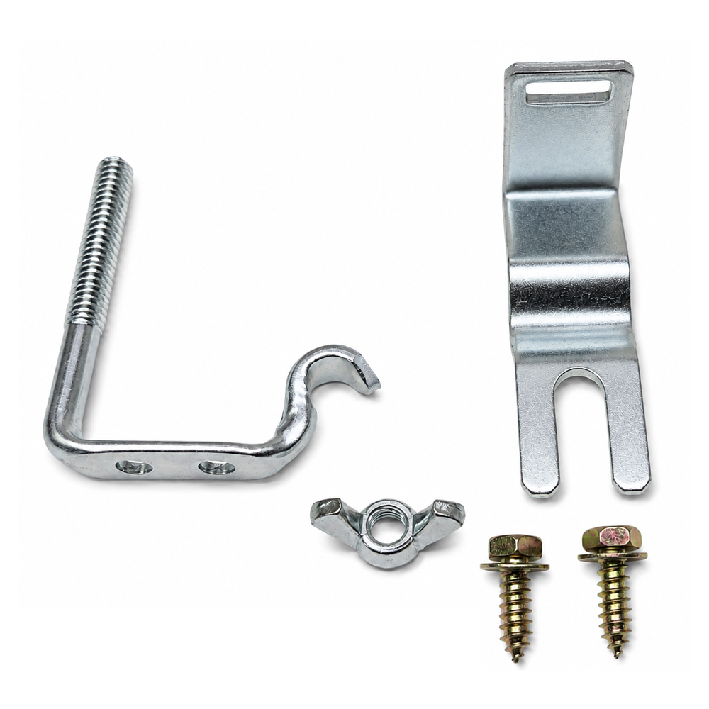 1964 Oldsmobile Cutlass/442/F85 BUMPER JACK HOLD DOWN BRACKET KIT (2 PIECE BRACKET AND WING NUT) - RARE, HARD TO FIND PART HAS BEEN REPRODUCED BY THE PARTS PLACE. THIS IS THE FACTORY OEM BRACKET THAT BOLTS TO THE TRUNK FLOOR AND LATCHES DOWN THE JACK ASSEMBLY. A NICE LITTLE ADDITION TO YOUR RESTORATION | TR9579T