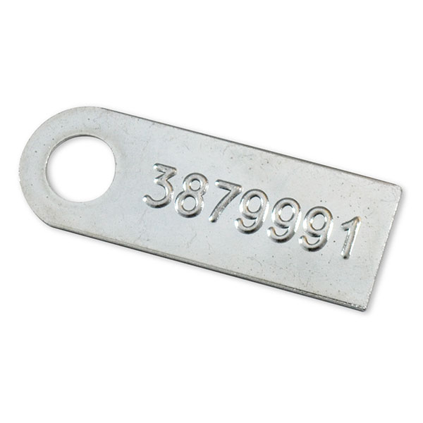 1965 Chevrolet El Camino MANUAL TRANSMISSION TAG (3879991) - FOR L78 4.56/4.88 W/G80 EQUIPPED WITH AN M-22.  THE PART NUMBER IS STAMPED FROM THE BACKSIDE; THE RAISED ID NUMBER ON THE FRONT READS 3879991 | MT5812Z