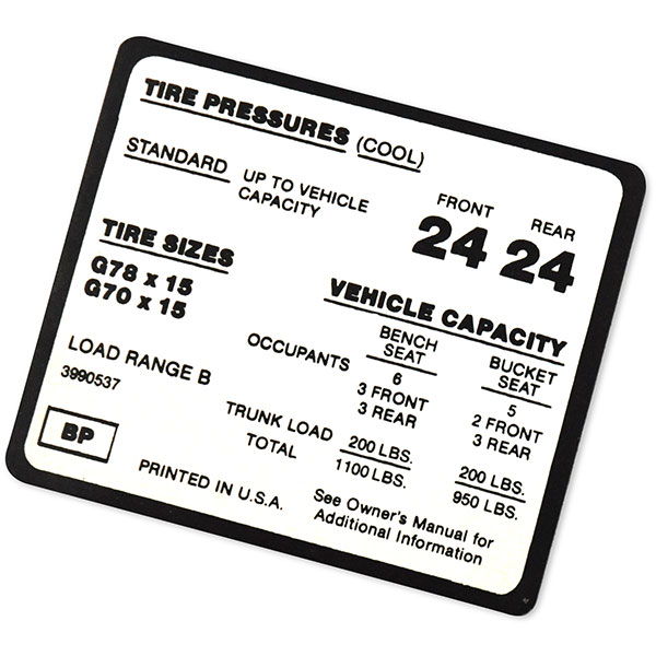 1971 Chevrolet Monte Carlo TIRE PRESSURE DECAL G78X15 GR70X15 GM BP 3990537 EACH | DC0624
