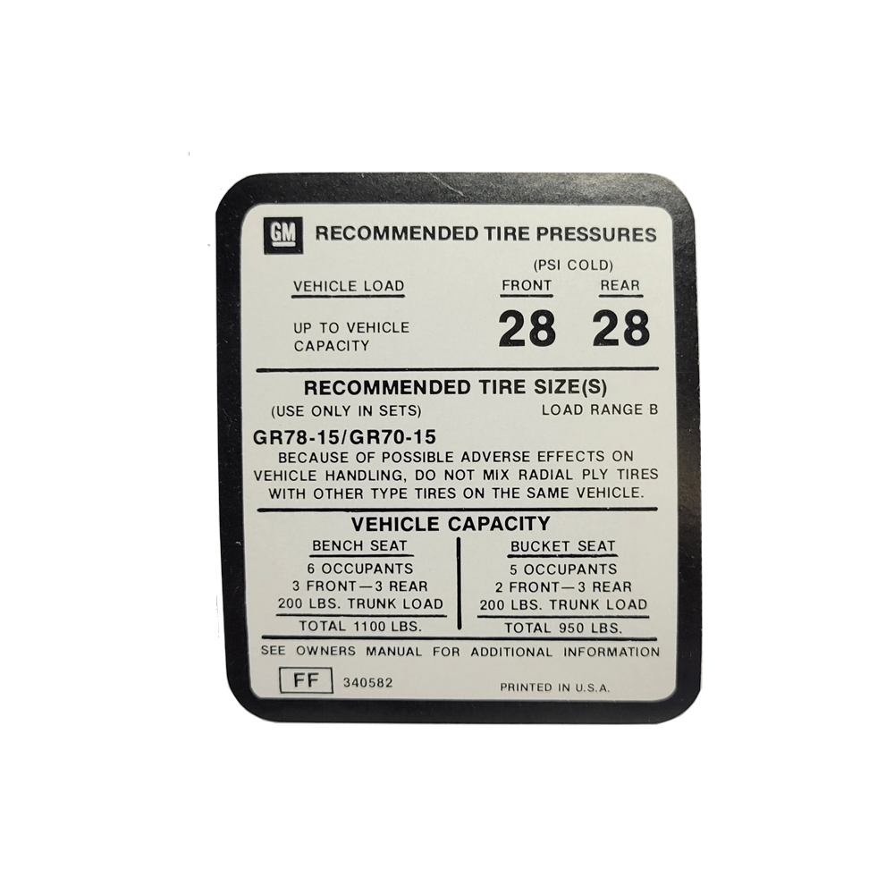 1975 Chevrolet Monte Carlo TIRE PRESSURE DECAL ALL REGULAR | DC1432M