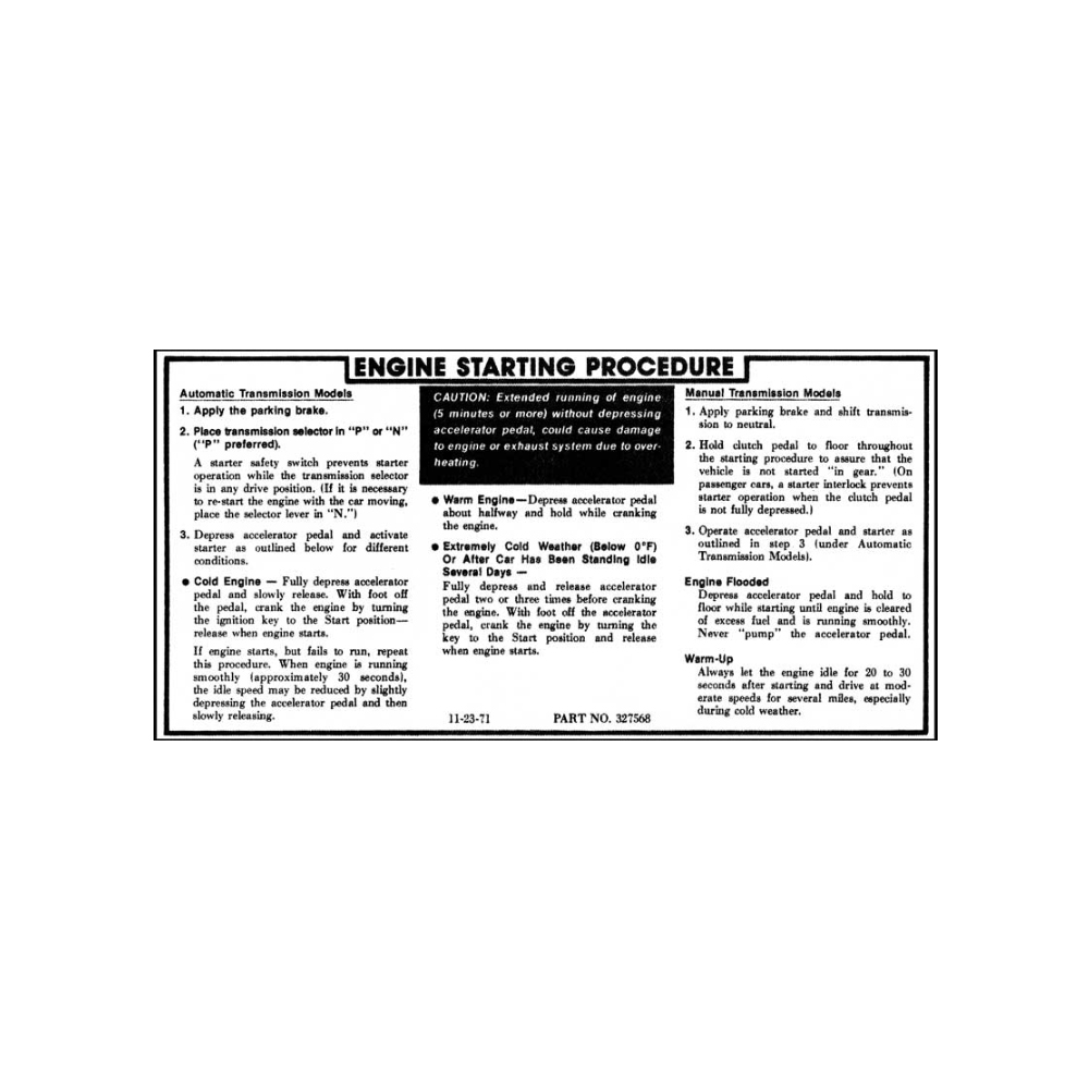 1972 Chevrolet Monte Carlo SUNVISOR STARTING INSTRUCTION DECAL (DC0911) | DC2476C