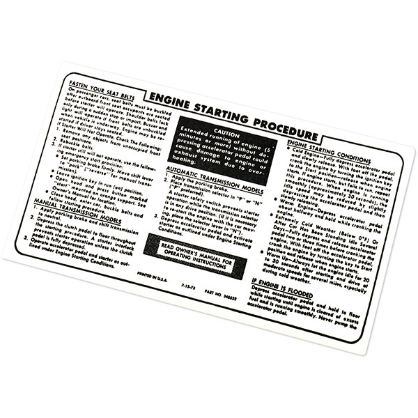 1974 Chevrolet Monte Carlo SUNVISOR STARTING INSTRUCTION DECAL GM 345532 | DC0389