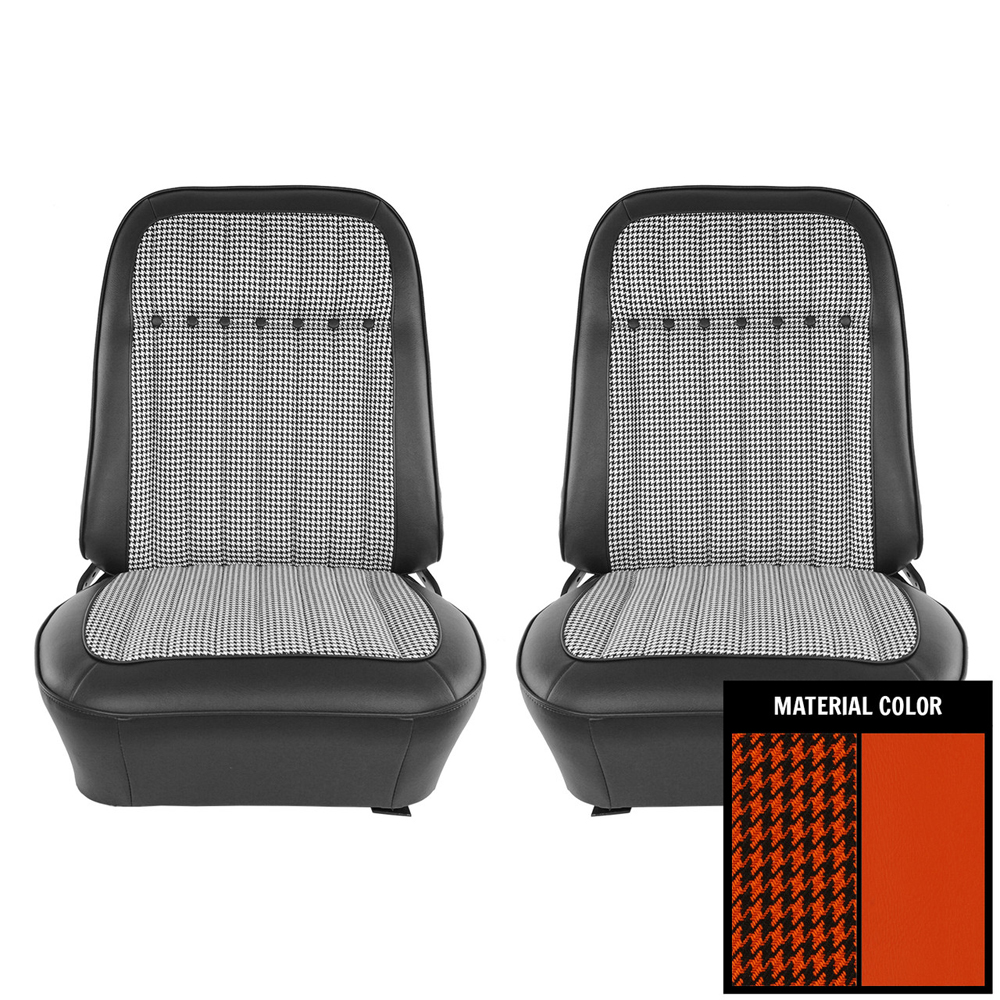 1969 Pontiac Firebird/TransAm PRE-ASSEMBLED DELUXE HOUNDSTOOTH BUCKET SEATS IN ORANGE (WITH BLACK & ORANGE CLOTH INSERT) - PAIR | IN10120F