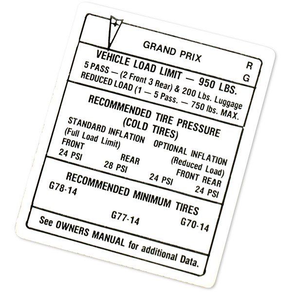 1969 Pontiac Grand Prix 69-UP TIRE PRESSURE DECAL GRAND PRIX EACH | DT0350