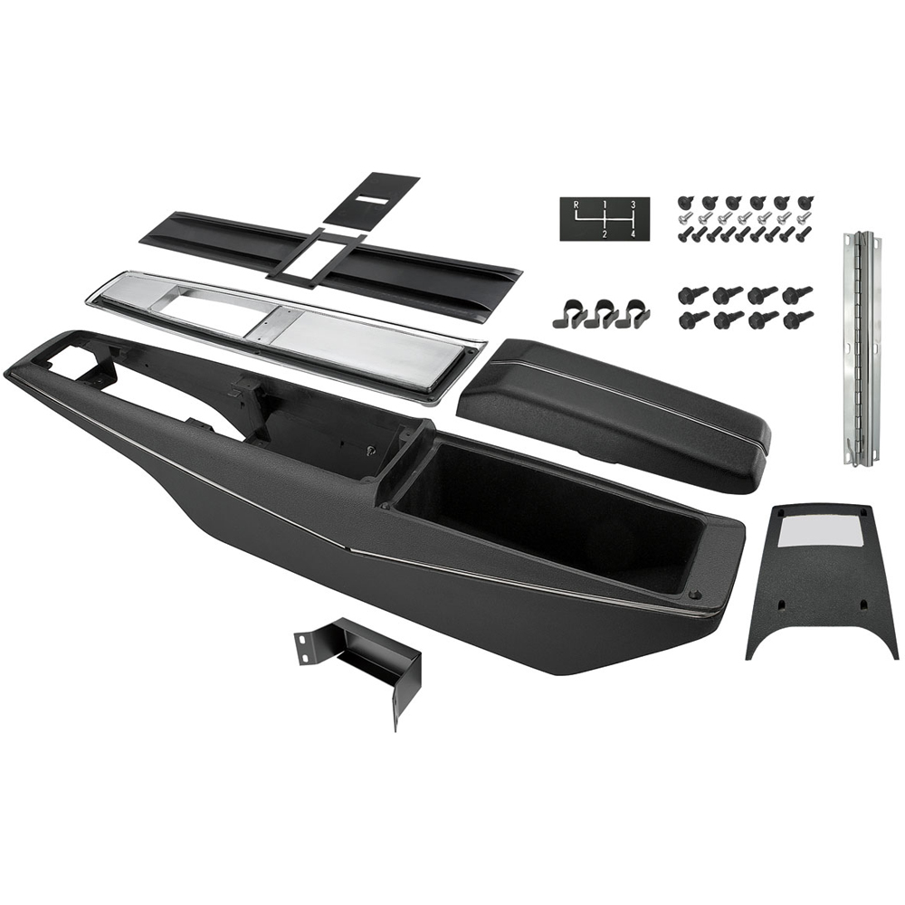 1968 Chevrolet El Camino NEW (4 SPEED) COMPLETE CENTER CONSOLE KIT, THIS KIT INCLUDES: CENTER CONTROL BASE WITH TRIM, CHROMED AND BRUSHED ALUMINUM FINISHED TOP PLATE, CONSOLE DOOR AND HINGE, CONSOLE SCREW KIT, BACK LIGHT ASSEMBLY, 4 SPEED SHIFT PATTERN EMBLEM, 4 SPEED SHIFT SLIDER, CONSOLE MOUNTING BRACKET, WIRING HARNESS CLIPS. | CP1650C