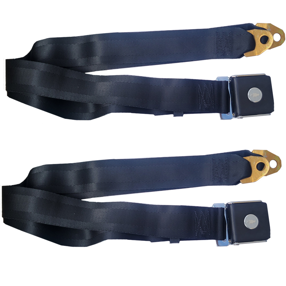 1966 Chevrolet Chevelle/Malibu BOWTIE BLACK LIFT LATCH STYLE LAP SEAT BELTS (PR) - FACTORY STYLE OE SEAT BELTS HAVE A CHEVY BOWTIE IN THE MIDDLE OF THE LATCH | IN10691C