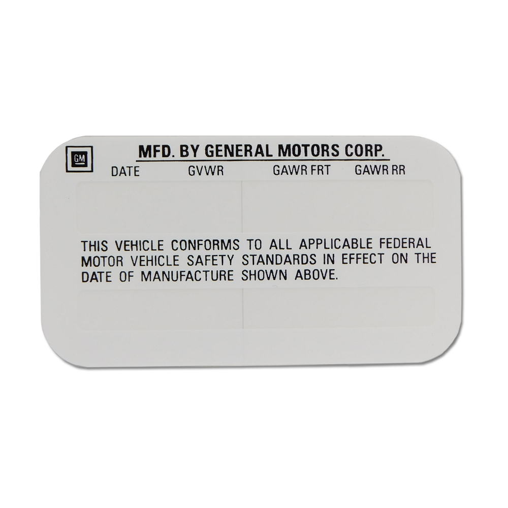 1992 Pontiac Firebird/TransAm DOOR JAMB VIN / CERTIFICATION WHITE