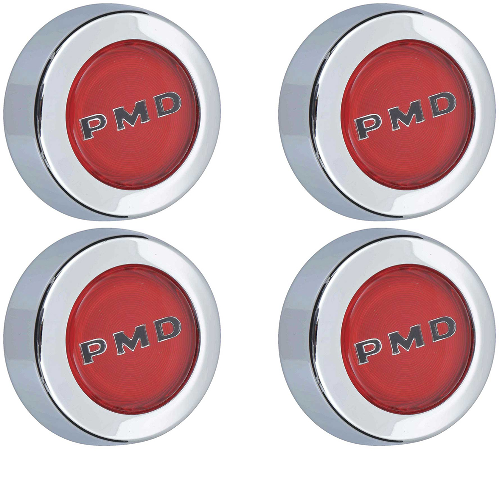 1970 Pontiac Grand Prix 69-UP RED PMD CENTER CAPS (RED BACKGROUND WITH BLACK WRITING) SNAP ON REPRODUCTION - SET OF 4 | WT12285Z