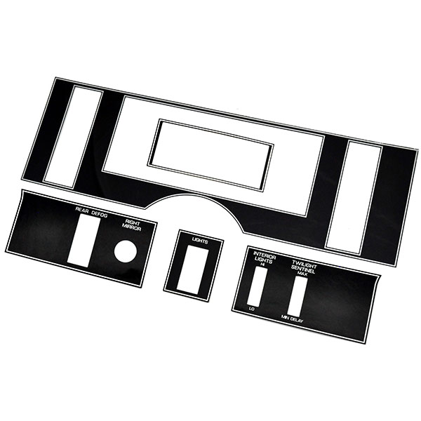 1986 Buick Skylark/GS/Regal/GN GRAND NATIONAL BLACK DASH APPLIQUE 5 PIECE KIT (INCLUDES LH PANEL WITH TWILIGHT SENTINAL AND RH PANEL WITH REAR DEFOG AND MIRROR) | IN12511S