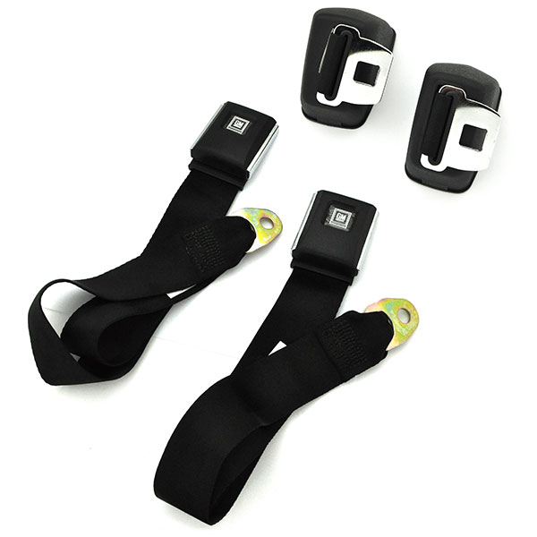 1970 Pontiac GTO/LeMans/Tempest FRONT SEAT BELT SET WITH RETRACTORS (BLACK WITH TEXTURED PLASTIC & STAINLESS BUCKLE WITH BLACK GM MARK OF EXCELLENCE BUTTONS - 102FBLK) - PAIR | IN6460Z
