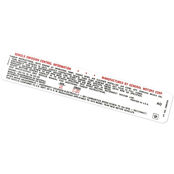 1970 Chevrolet Nova/Chevy II 350-250 HP AT/MT EMISSION DECAL AFTER 1/70 (DC0441) | DC2111C