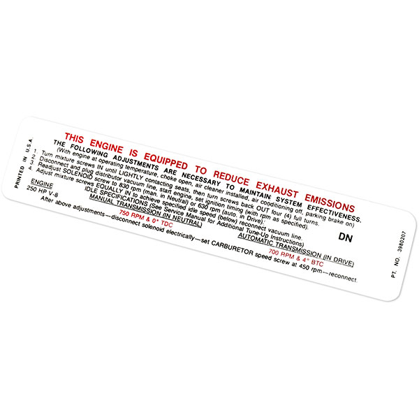 1970 Chevrolet Nova/Chevy II EARLY 1970 250 HP AT/MT EMISSION DECAL DN3980207 EA | DC0382