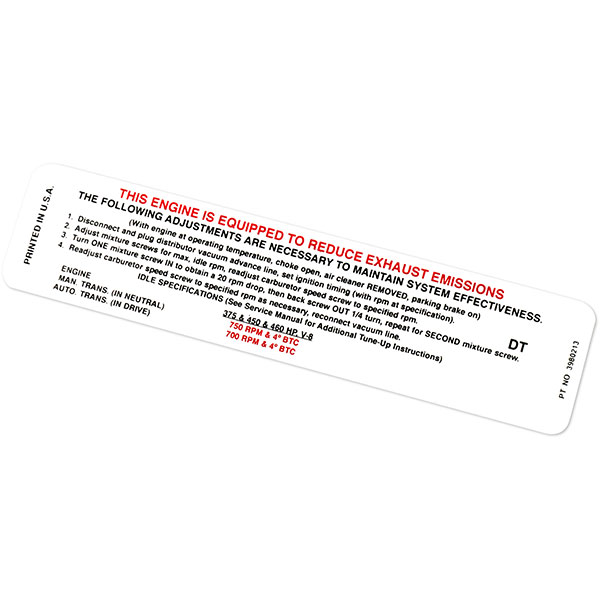 1970 Chevrolet Nova/Chevy II EARLY 1970 375/450 HP AT/MT EMISSION DECAL DT3980213 EA | DC0381