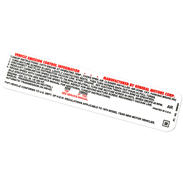 1970 Chevrolet Nova/Chevy II 402-350 4V AT/MT EMISSION DECAL AFTER 1-70 AR3989365 EACH | DC0598