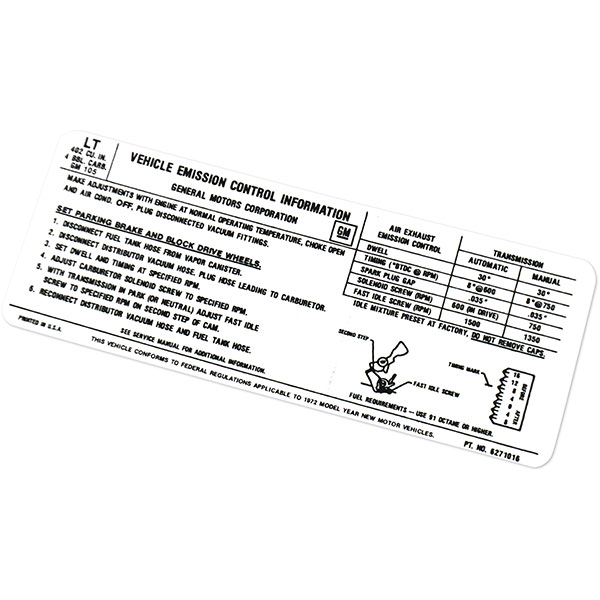 1972 Chevrolet Impala/Caprice/Bel Air 402-4V AT/MT EMISSION DECAL US (DC0461) | DC0461