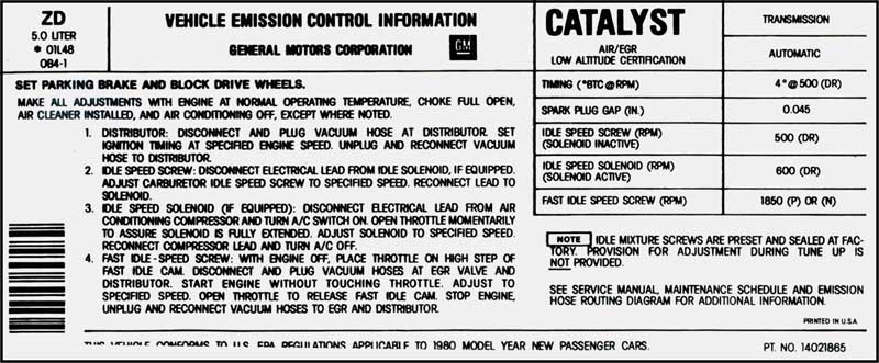 1980 Chevrolet Monte Carlo 5.0 & 305-4V AT EMISSION DECAL US (DC1037) | DC1037