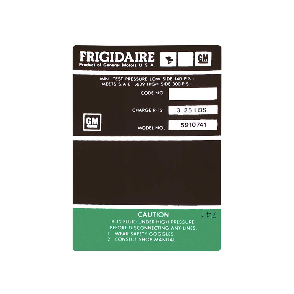 1969 Chevrolet El Camino FRIGIDAIRE AIR CONDITIONING COMPRESSOR DECAL GREEN (DC0738) | DC2158C