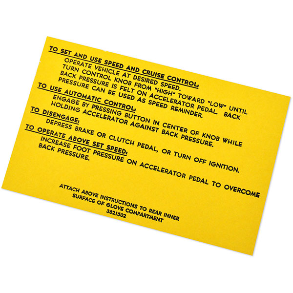 1968 Chevrolet Impala/Caprice/Bel Air CRUISE CONTROL INSTRUCTION DECAL GM 3821502 EACH | DC0545