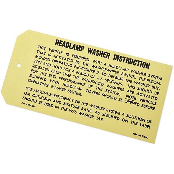 1969 Chevrolet Impala/Caprice/Bel Air HEADLIGHT WASHER INSTRUCTION CARD GM 3963200 | DC0407