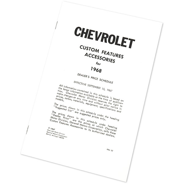 1968 Chevrolet Nova/Chevy II NEW VEHICLE CUSTOM ACCESSORY PRICE LIST