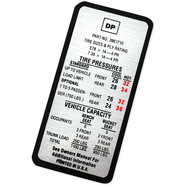 1970 Chevrolet Nova/Chevy II TIRE PRESSURE DECAL REG E78X14 DP3961710 | DC0411