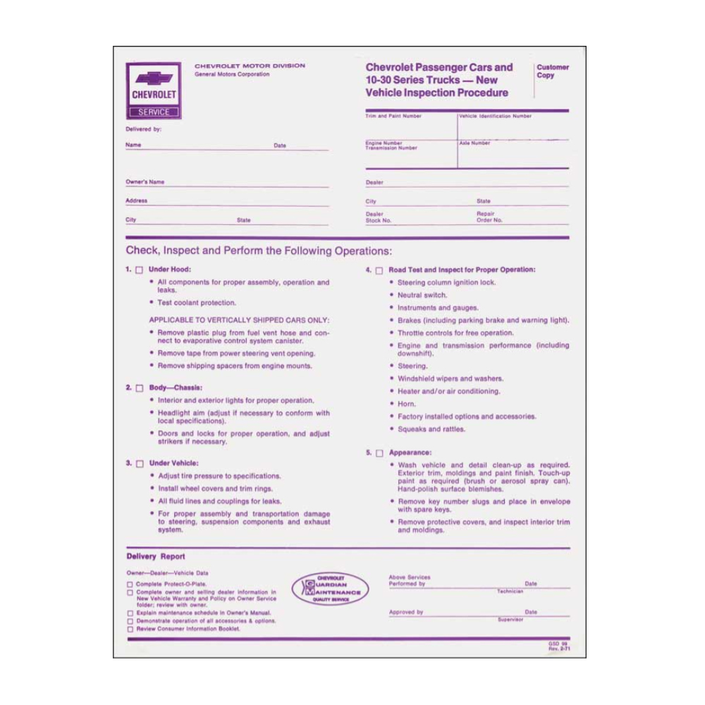 1971 Chevrolet Camaro NEW VEHICLE INSPECTION SHEET (DC0660) | DC0660