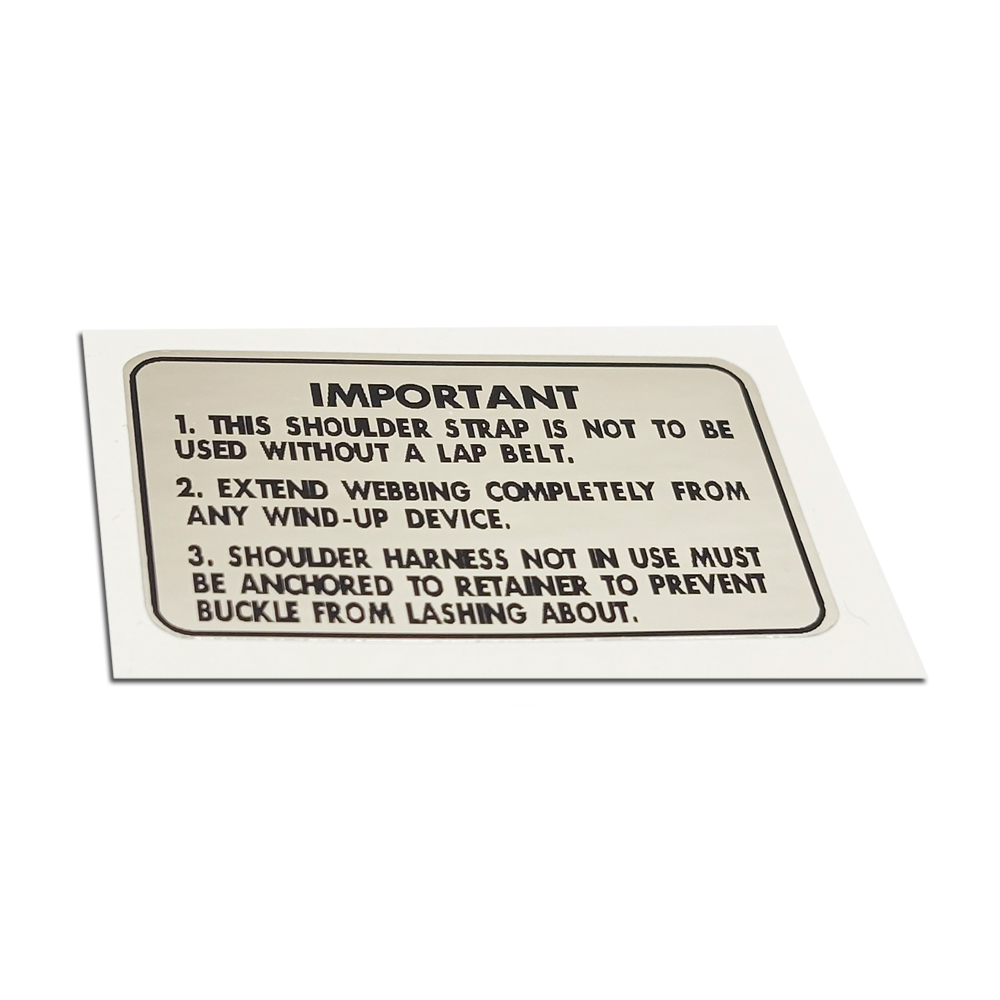 1972 Pontiac GTO/LeMans/Tempest SHOULDER HARNESS SEAT BELT SAFETY DECAL - EA (THIS DECAL MOUNTS ON THE BACK SIDE OF BUCKLES. IT IS SILVER FOIL WITH BLACK WRITING) | DC5555Z