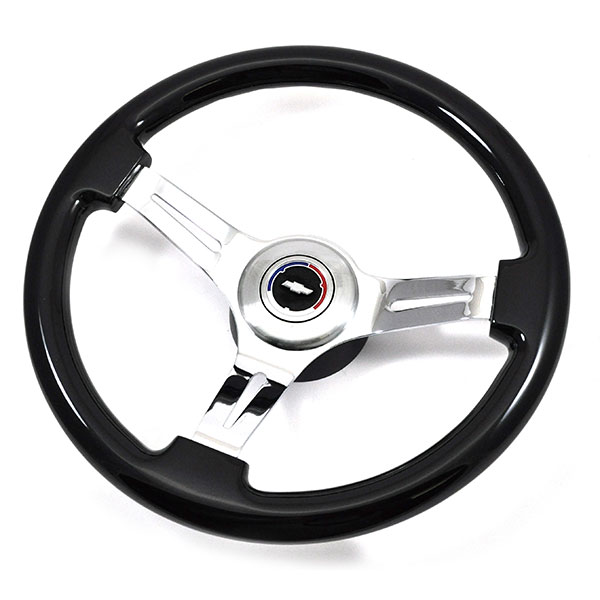1966 Chevrolet El Camino AFTERMARKET STEERING WHEEL (DARK BLACK WOOD WHEEL WITH CHROME SPOKES, 14'' OUTSIDE DIAMETER) - INCLUDES: BRUSHED SILVER CHEVY BOWTIE CENTER CAP, FLAT TOP SMALL DIAMETER HUB, HORN CONTACT - SOLD AS KIT | ST1000C