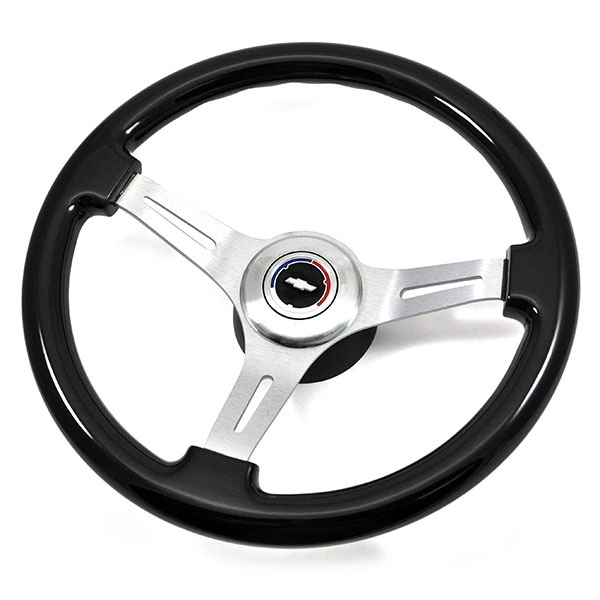 1966 Chevrolet El Camino AFTERMARKET STEERING WHEEL (DARK BLACK WOOD WHEEL WITH BRUSHED SILVER SPOKES, 14'' OUTSIDE DIAMETER) - INCLUDES: BRUSHED SILVER CHEVY BOWTIE CENTER CAP, FLAT TOP SMALL DIAMETER HUB W/ NOTCH, HORN CONTACT - SOLD AS KIT | ST1012C