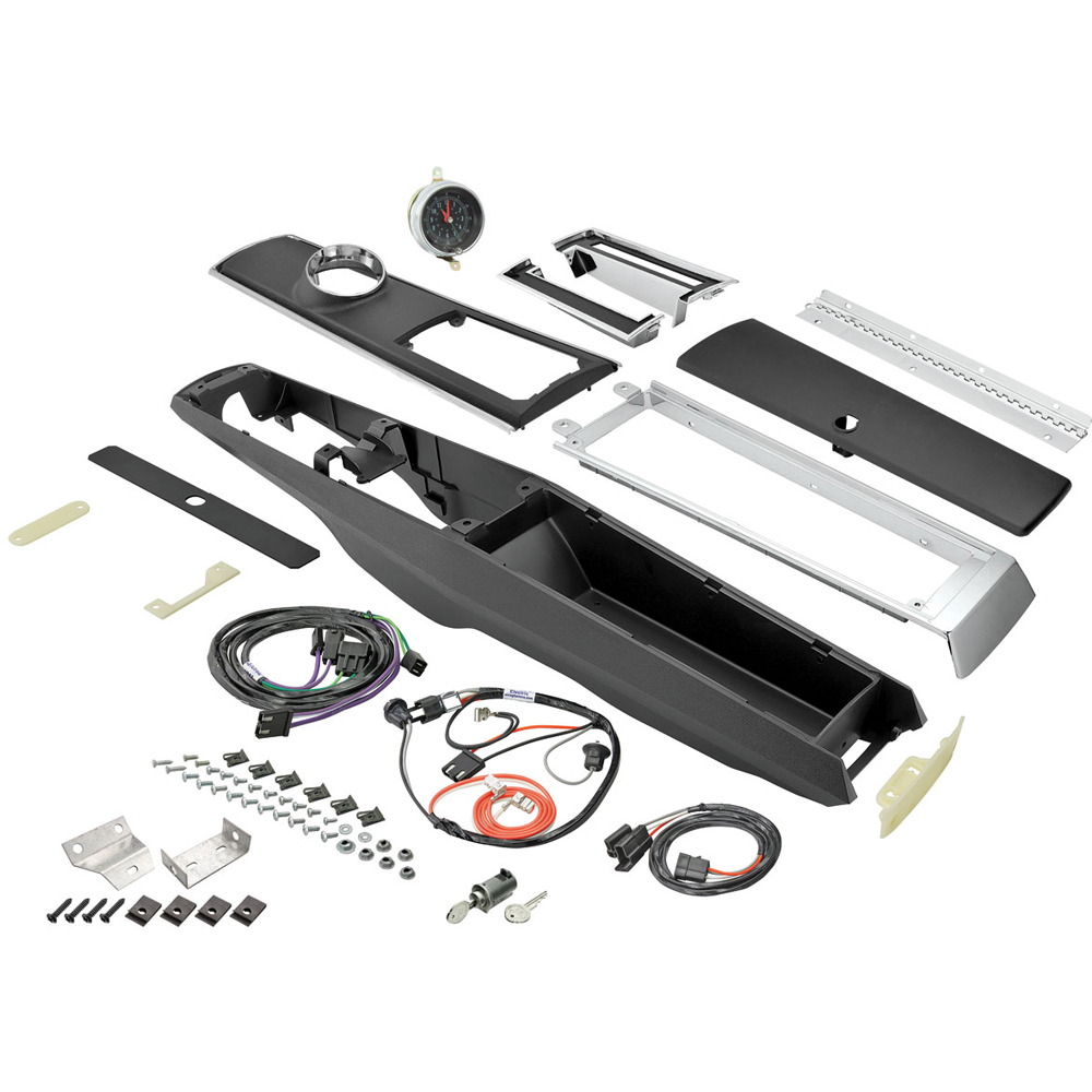 1967 Chevrolet El Camino NEW (AUTOMATIC) COMPLETE CENTER CONSOLE KIT (WITH CLOCK) THIS KIT INCLUDES: CENTER CONSOLE BASE, CONSOLE TOP PLATE, REAR CHROME, CONSOLE DOOR AND HINGE, CONSOLE SCREW KIT, BACK LIGHT LENS, SHIFTER INSERTS, SHIFT SLIDER AND RETAINER, CONSOLE LOCK KIT, CLOCK, CONSOLE HARNESS, CONSOLE EXTENSION HARNESS, CLOCK/COURTESY HARNESS, HARDWARE. | CP1013V