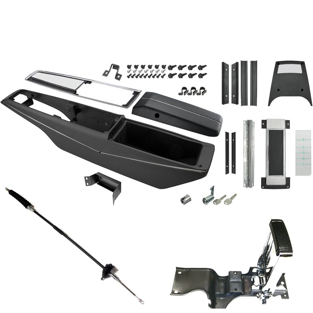 1970 Chevrolet Monte Carlo NEW (POWERGLIDE) COMPLETE CENTER CONSOLE KIT (POWERGLIDE WITH SHIFTER & CABLE) THIS KIT INCLUDES: CENTER CONTROL BASE WITH TRIM, CHROMED AND BRUSHED ALUMINUM FINISHED TOP PLATE, CONSOLE DOOR AND HINGE, COMPLETE AUTOMATIC PLATE DIAL ASSEMBLY, DIAL SEALING STRIPS AND RETAINER, CONSOLE SCREW KIT, BACK LIGHT ASSEMBLY, POWERGLIDE INDICATOR LENS, CONSOLE MOUNTING BRACKET, WIRING HARNESS CLIPS, CONSOLE LOCK SET, CONSOLE LOCK RETAINER, CONSOLE LOCK CATCH, HORSESHOE SHIFTER AND REPRODUCTION SHIFTER CABLE. | CP1015C