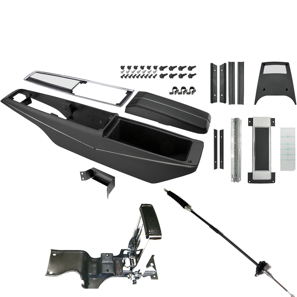 1968 Chevrolet El Camino NEW (POWERGLIDE) COMPLETE CENTER CONSOLE KIT (POWERGLIDE WITH SHIFTER & CABLE) THIS KIT INCLUDES: CENTER CONTROL BASE WITH TRIM, CHROMED AND BRUSHED ALUMINUM FINISHED TOP PLATE, CONSOLE DOOR AND HINGE, COMPLETE AUTOMATIC PLATE DIAL ASSEMBLY, DIAL SEALING STRIPS AND RETAINER, CONSOLE SCREW KIT, BACK LIGHT LENS, POWERGLIDE INDICATOR LENS, CONSOLE MOUNTING BRACKET, WIRING HARNESS CLIPS, HORSESHOE SHIFTER AND REPRODUCTION SHIFTER CABLE. | CP1019V