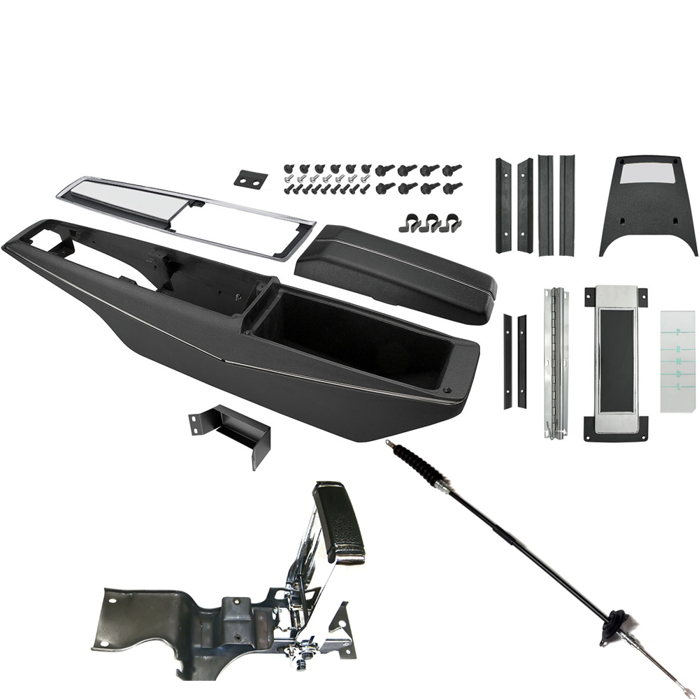 1969 Chevrolet El Camino NEW (POWERGLIDE) COMPLETE CENTER CONSOLE KIT (POWERGLIDE WITH SHIFTER & CABLE) THIS KIT INCLUDES: CENTER CONTROL BASE WITH TRIM, CHROMED AND BRUSHED ALUMINUM FINISHED TOP PLATE, CONSOLE DOOR AND HINGE, COMPLETE AUTOMATIC PLATE DIAL ASSEMBLY, DIAL SEALING STRIPS AND RETAINER, CONSOLE SCREW KIT, BACK LIGHT LENS, POWERGLIDE INDICATOR LENS, CONSOLE MOUNTING BRACKET, WIRING HARNESS CLIPS, CONSOLE DOOR LOCK STRIKER, HORSESHOE SHIFTER AND REPRODUCTION SHIFTER CABLE. | CP1020V