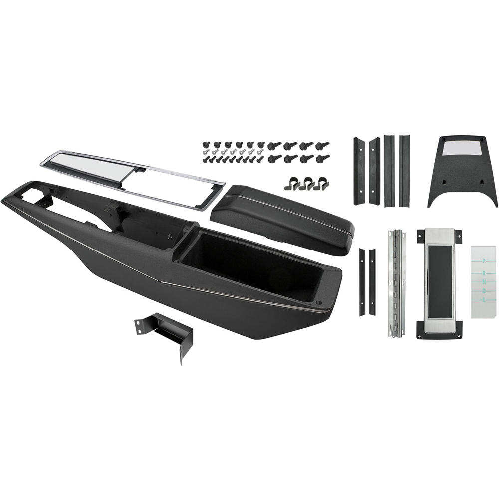 1968 Chevrolet Chevelle/Malibu NEW (POWERGLIDE) COMPLETE CENTER CONSOLE KIT (POWERGLIDE WITHOUT SHIFTER) THIS KIT INCLUDES: CENTER CONTROL BASE WITH TRIM, CHROMED AND BRUSHED ALUMINUM FINISHED TOP PLATE, CONSOLE DOOR AND HINGE, COMPLETE AUTOMATIC PLATE DIAL ASSEMBLY, DIAL SEALING STRIPS AND RETAINER, CONSOLE SCREW KIT, BACK LIGHT LENS, POWERGLIDE INDICATOR LENS, CONSOLE MOUNTING BRACKET, WIRING HARNESS CLIPS. | CP1021V