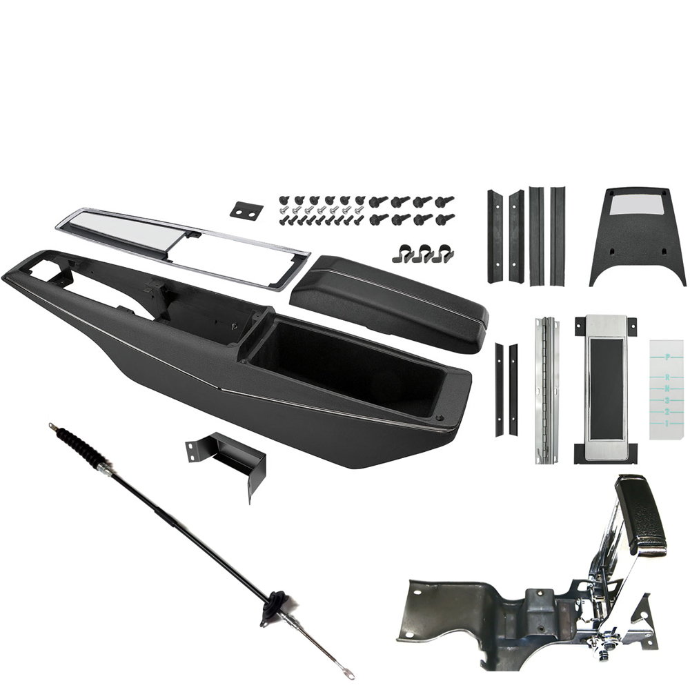 1969 Chevrolet El Camino NEW (TURBO) COMPLETE CENTER CONSOLE KIT (TURBO WITH GREEN LETTERS WITH SHIFTER) THIS KIT INCLUDES: CENTER CONTROL BASE WITH TRIM, CHROMED AND BRUSHED ALUMINUM FINISHED TOP PLATE, CONSOLE DOOR AND HINGE, COMPLETE AUTOMATIC PLATE DIAL ASSEMBLY, DIAL SEALING STRIPS AND RETAINER, CONSOLE SCREW KIT, BACK LIGHT ASSEMBLY, TURBO HYDRAMATIC INDICATOR LENS, CONSOLE MOUNTING BRACKET, WIRING HARNESS CLIPS, CONSOLE DOOR LOCK STRIKER, HORSESHOE SHIFTER AND REPRODUCTION SHIFTER CABLE. | CP1024V