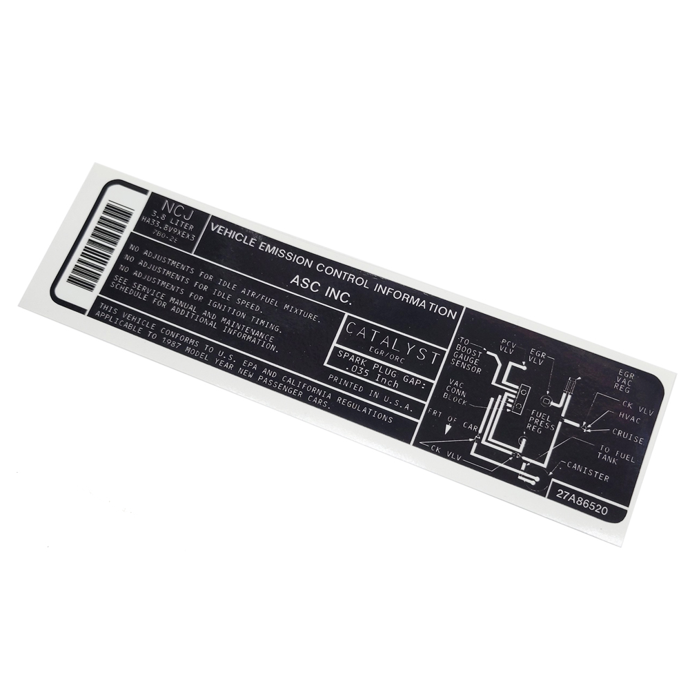 1987 Buick Skylark/GS/Regal/GN GRAND NATIONAL / GNX TURBO ASC EMISSION CONTROL DECAL - NCJ | DC1003S
