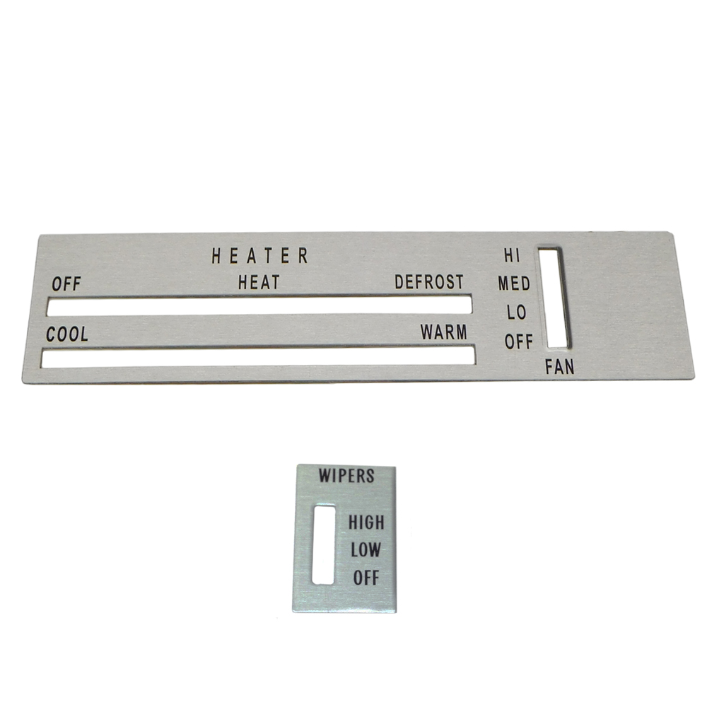 1971 Oldsmobile Cutlass/442/F85 HEATER CONTROL & WIPER WASH SWITCH INSERTS -ALUMINUM, THIS IS FOR A SET OF LOWER DASH BRUSHED ALUMINUM FACTORY INSERTS THAT GO ON THE HEATER CONTROL ON CARS WITHOUT A/C AND ONE FOR A WIPER WASH SWITCH - 2 PIECES SET (IN3415T â€“ IN3417T) | IN3400T