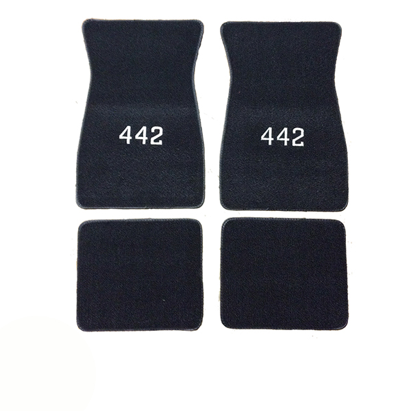 1971 Oldsmobile Cutlass/442/F85 CARPETED FLOOR MATS EMBROIDERED (442 IN SILVER) WITH EMBLEM 4 PIECE SET (BLACK) | IN3290T