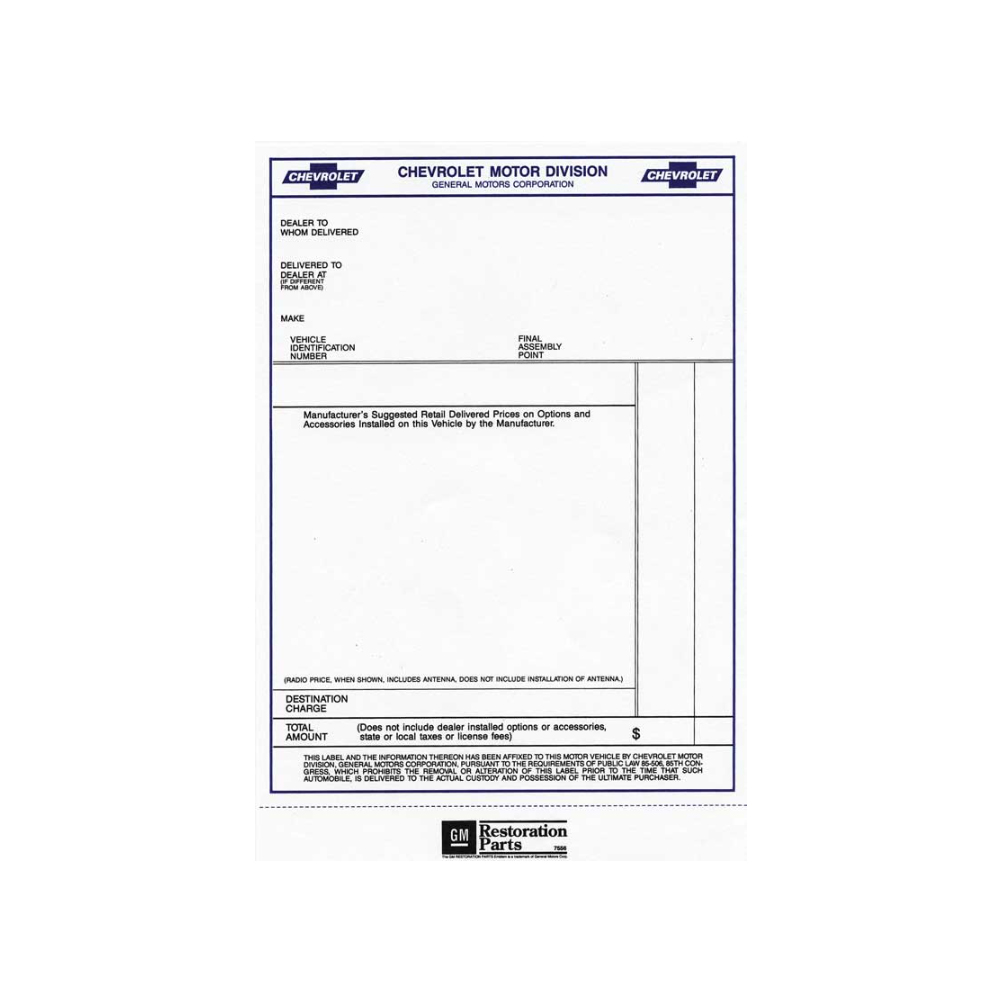 1960 Chevrolet El Camino NEW VEHICLE RETAIL WINDOW PRICE STICKER (DC0658) | DC1015C