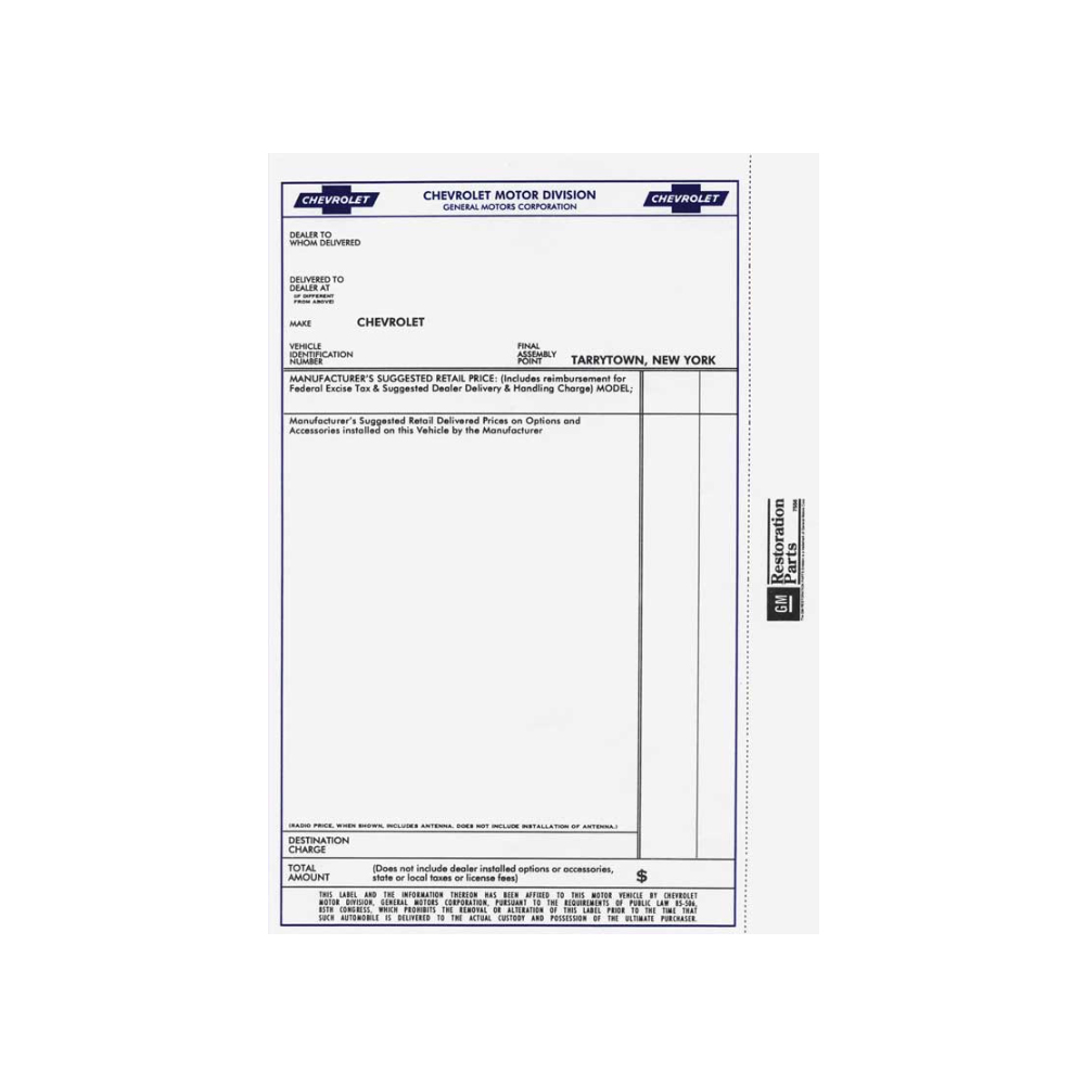 1962 Chevrolet Nova/Chevy II NEW VEHICLE RETAIL WINDOW PRICE STICKER (DC1272) | DC1809C
